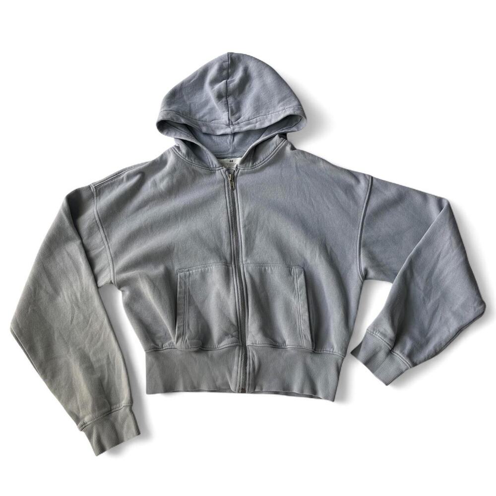 Dusty Blue Washed Cropped Zip-Up Hoodie.